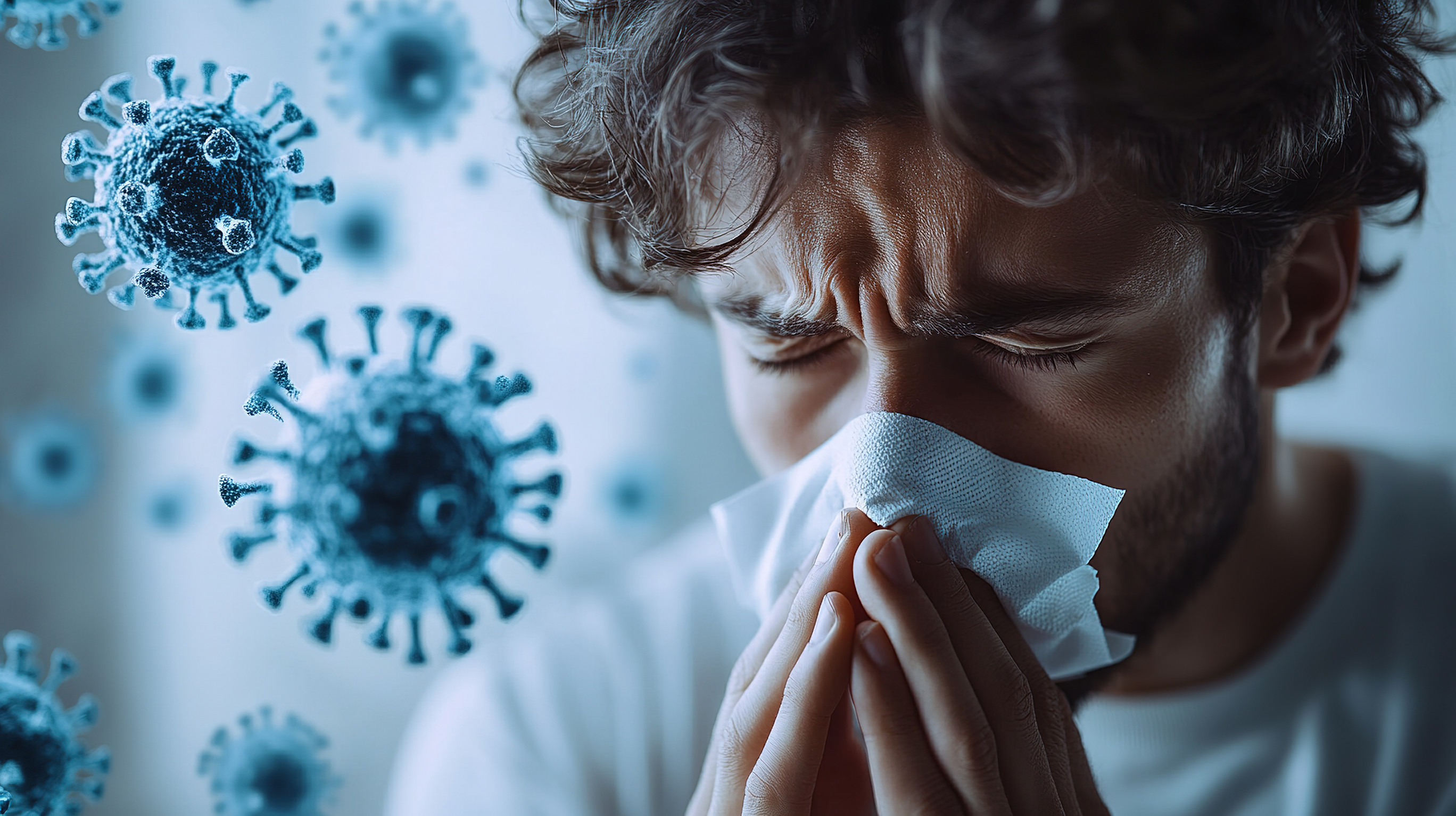 Homme éternuant, virus en arrière-plan.
